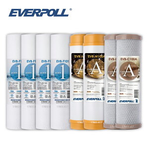 (共8入)EVERPOLL EVB-F101 1微米PP濾心4支 EVB-M100A美國道爾樹脂濾心2支 EVB-C100A壓縮活性碳濾心2支 大大淨水