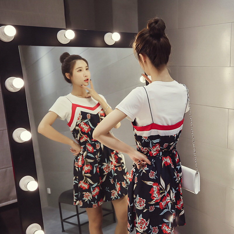 FINDSENSE G5 韓國時尚 短袖 T恤 兩件套 吊帶裙 高腰 碎花 連身裙 套裝