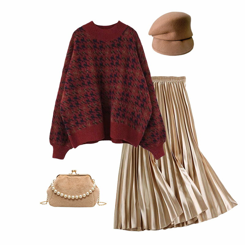 ANNAS 文青風復古千鳥格酒紅毛衣 拜年服 過年穿搭 新年穿搭 紅色毛衣 紅色上衣 酒紅色上衣 過年喜氣龍年穿搭 寬鬆慵懶保暖 3