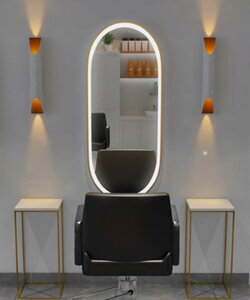 美發理發店發廊化妝鏡LED帶燈橢圓智能浴室鏡觸摸屏發光鏡子掛墻