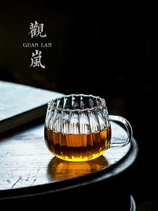 透明豎紋花瓣玻璃杯帶把泡茶喝茶創意辦公室家用中式綠茶花茶杯子