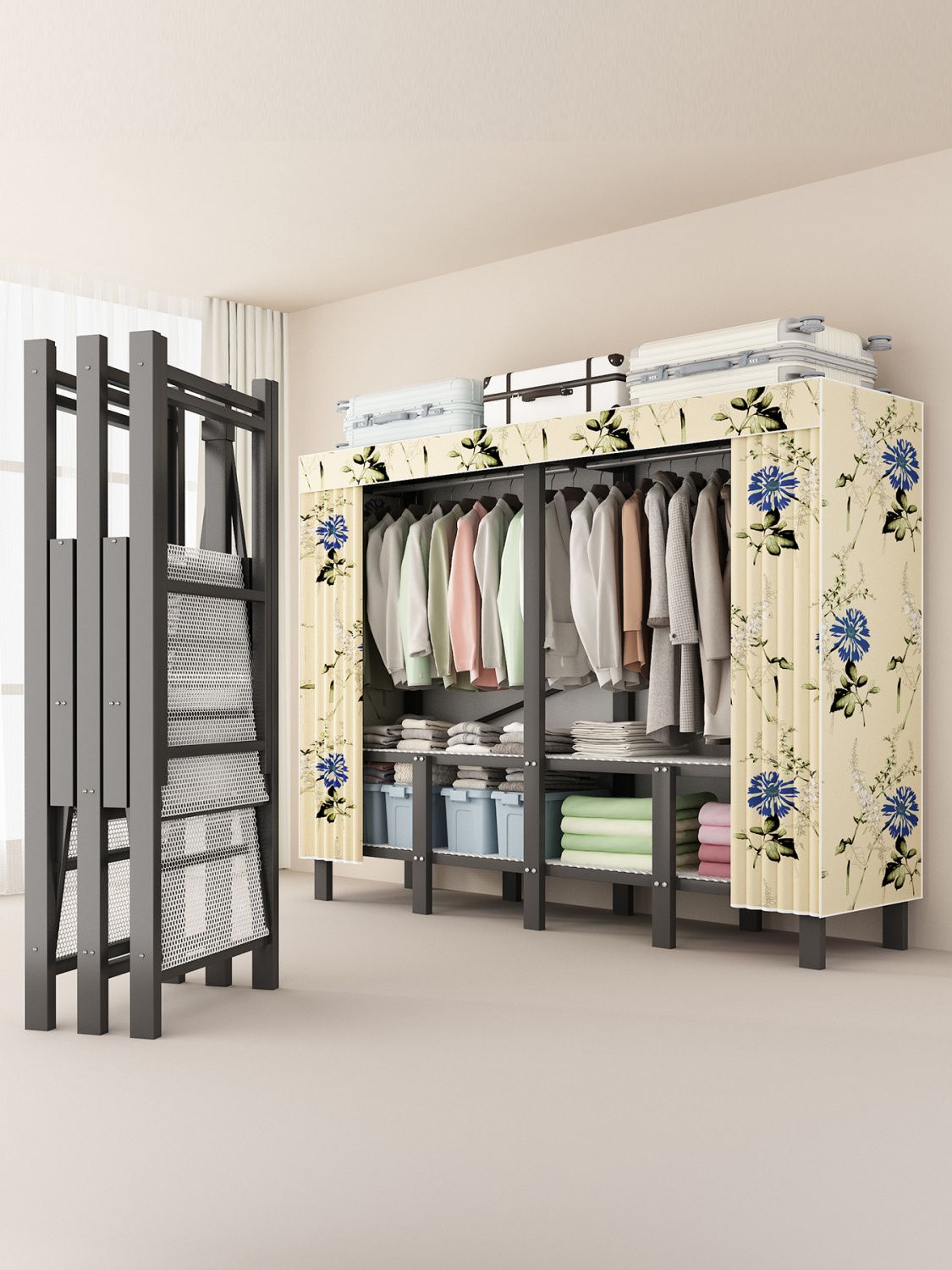 衣柜家用一體折疊免安裝豪華衣柜出租屋宿舍用全鋼架落地式衣櫥柜