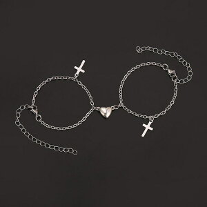 歐美跨境潮流個性十字架吊墜手鏈 簡約浪漫愛心磁鐵相吸情侶手飾