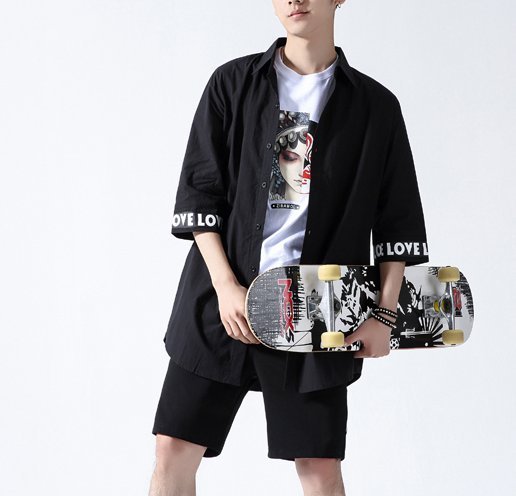 FINDSENSE H1 2018 夏季 新款 男 日本 文藝 拼接 七分袖 修身顯瘦 短袖 中長款大碼襯衫 潮上衣