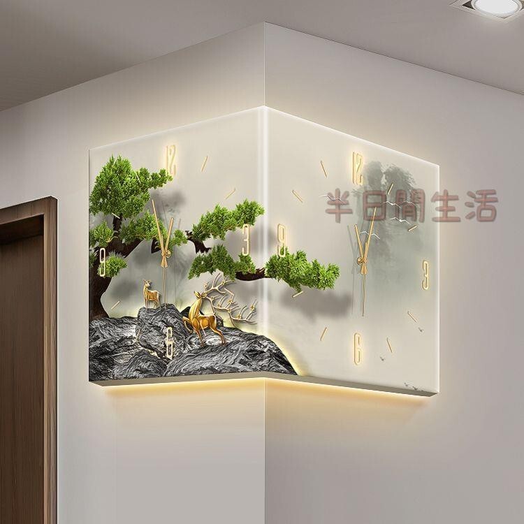 轉角時鐘 掛鐘 轉角掛鐘 靜音時鐘 時鐘掛鐘 壁掛時鐘 客廳時鐘 北歐風時鐘 新中式轉角掛鐘裝飾畫迎客松拐角時鐘掛畫雙面