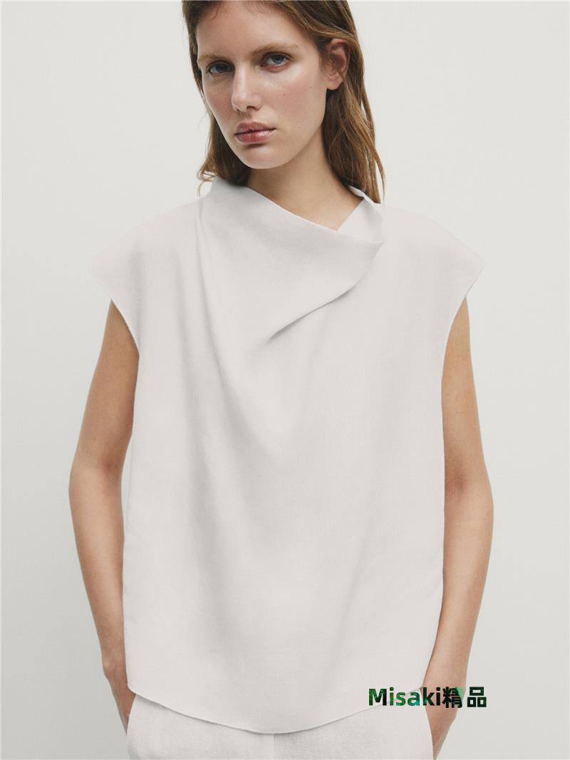 西班牙MD女裝早秋新款極簡風冷清白噪時髦上衣設計感立領無袖襯衫-Misaki精品