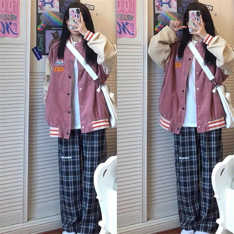 燈芯絨外套女春秋薄款學生寬松百搭vintage衛衣棒球服潮