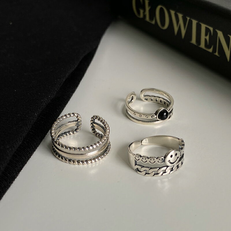 925純銀復古做舊笑臉戒指女ins潮小眾設計時尚雙層食指戒個性開口 1