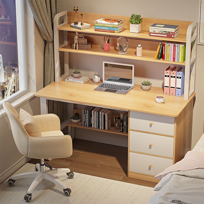 電腦桌臺式家用書桌書架一體桌學生學習桌帶抽屜臥室辦公寫字桌子