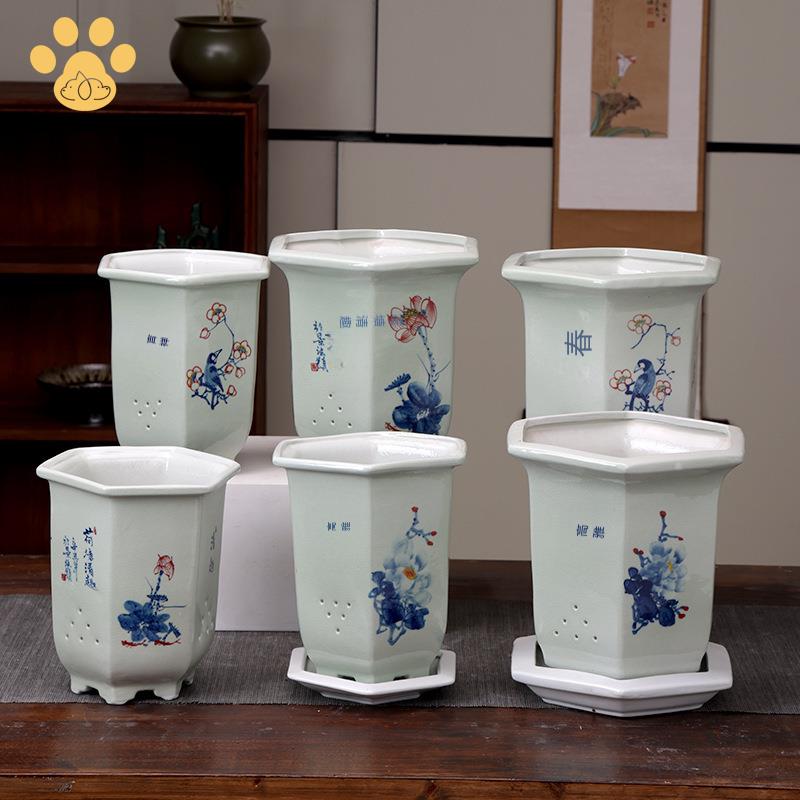 手繪 花盆 陶瓷帶託盤大號 家用室內客廳綠蘿君子蘭花花盆養花專用盆ws8271