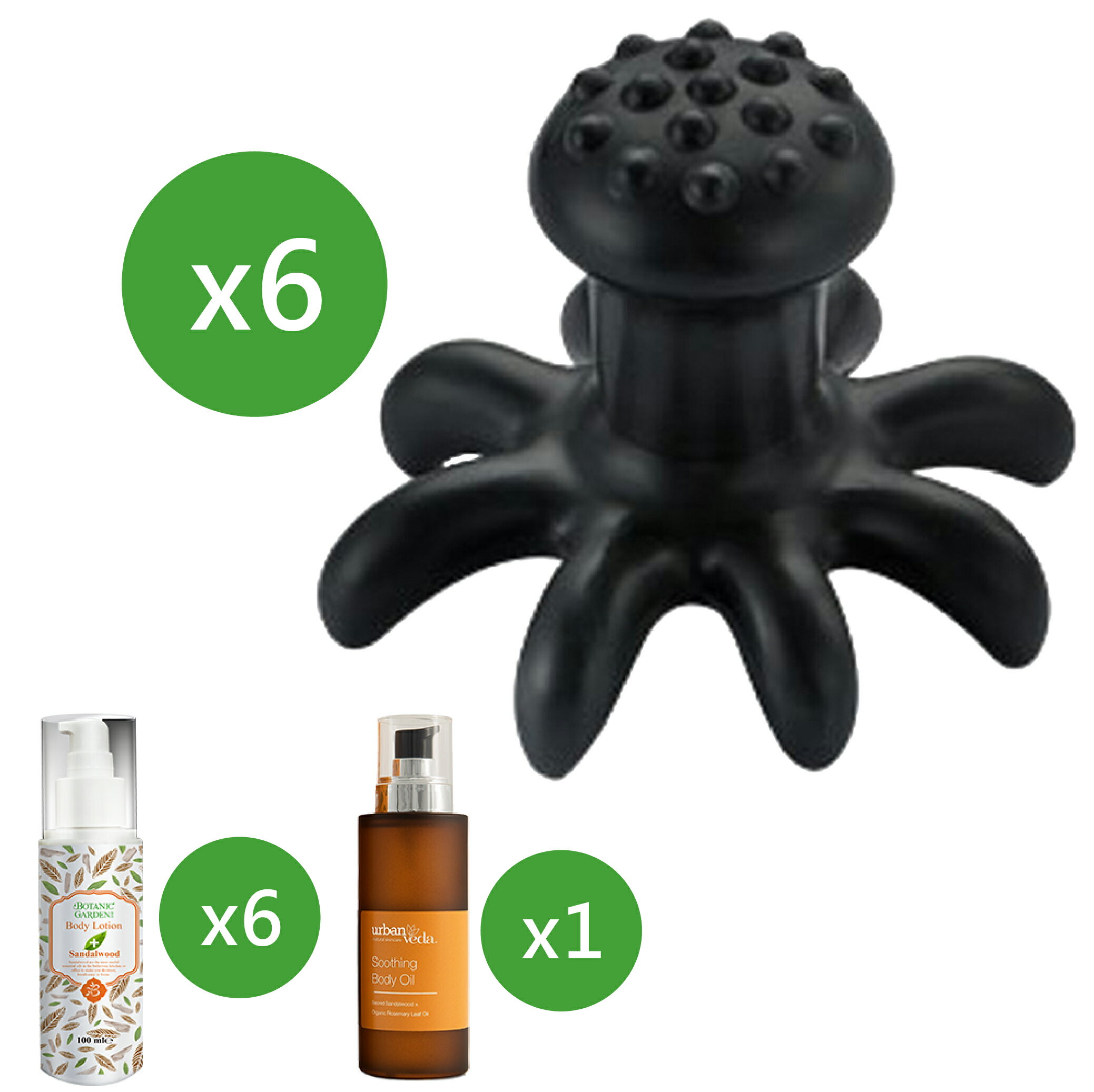 寶草園超值套組-魔可舒八爪x6(贈布套)+檀香身體按摩油+鎂離子檀香潤膚乳液