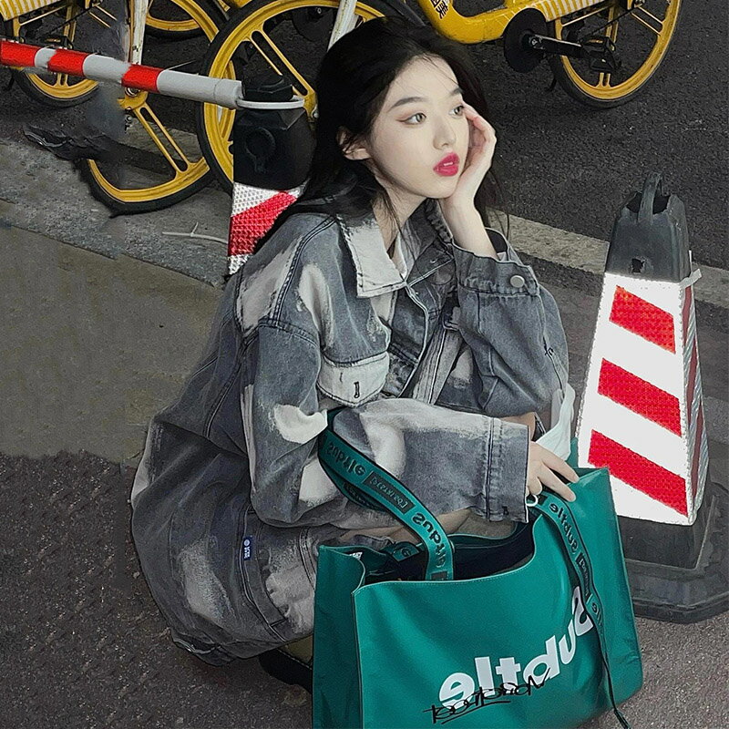 高街vintage牛仔外套女春秋2022年新款寬松復古扎染夾克上衣ins潮