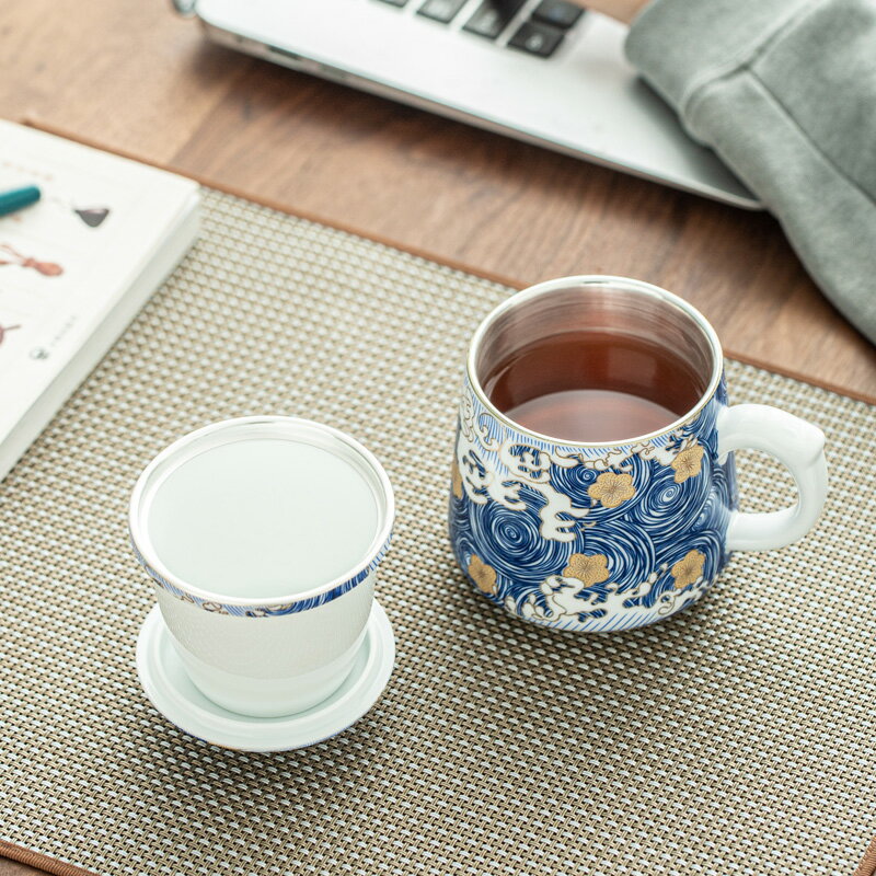 國朝琺瑯彩水杯鎏銀個人杯辦公室馬克杯茶水分離杯帶過濾純銀茶杯