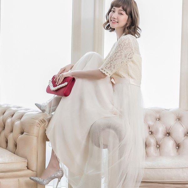 灰姑娘[88136-S]V領玫瑰蕾絲高雅綢緞網紗長裙五分袖小禮服/伴娘服/尾牙 3