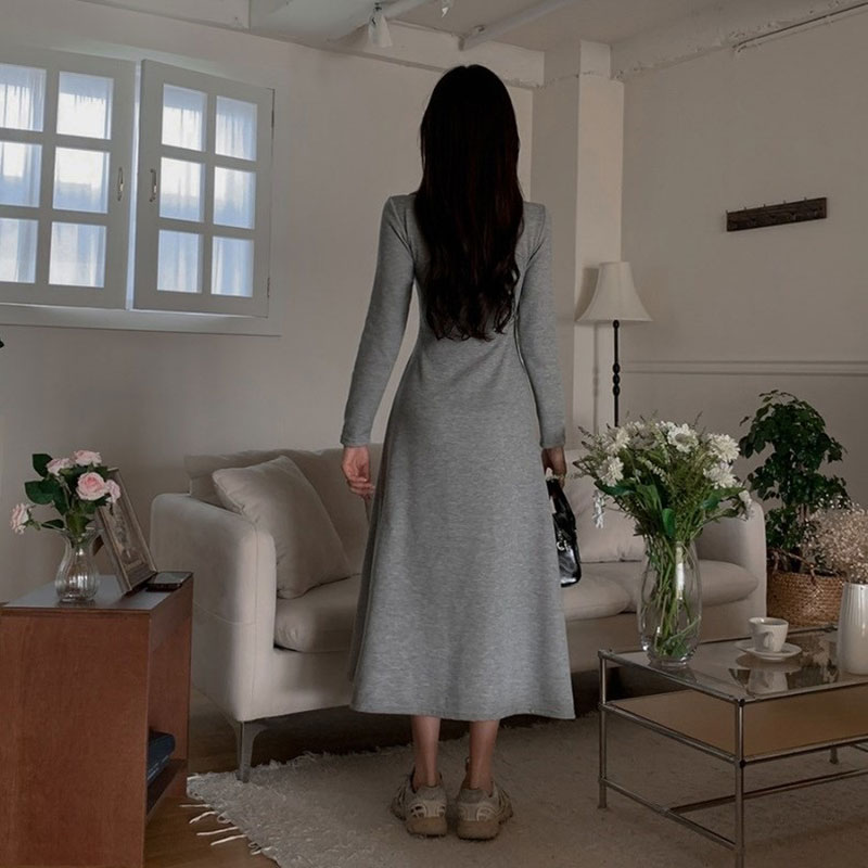 ANNAS 正韓刷毛拉鍊腰身洋裝 長袖加絨連身裙 保暖顯瘦顯腰身 韓國刷毛長洋裝 V領高領長裙 8