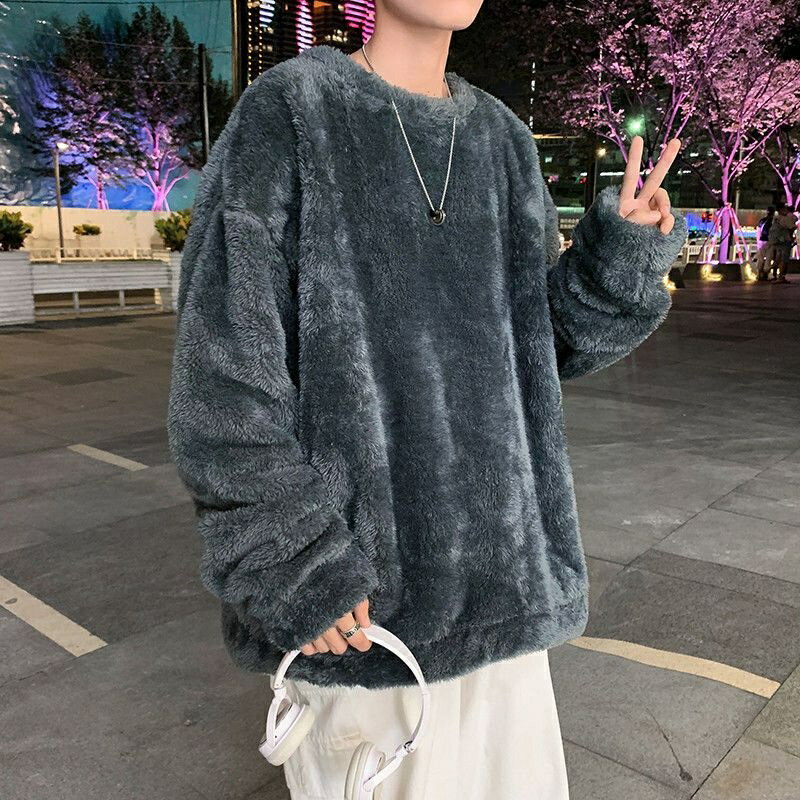羔羊毛大學T男 寬鬆韓版 潮流長袖t恤 圓領套頭大學T 冬季加厚法蘭絨上衣 保暖打底衫