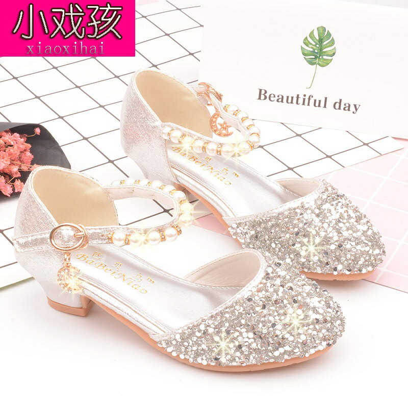 女童鞋公主鞋銀色小跟皮鞋小主持人舞臺演出時裝走秀小孩高跟單.
