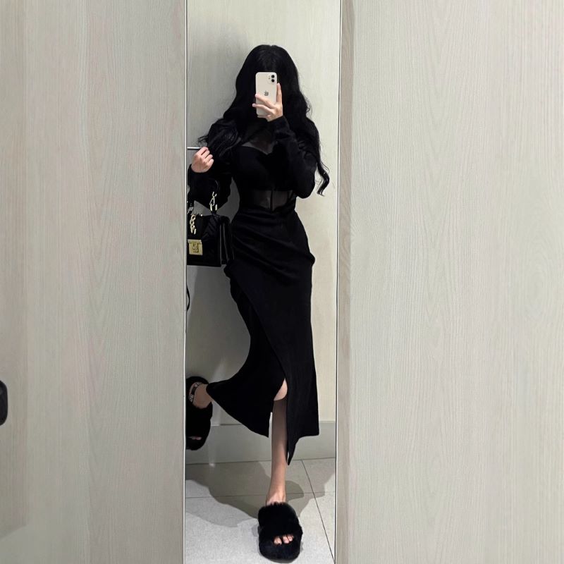 【巴黎精品】現貨+預購 連身裙長袖洋裝-性感辣妹微透視網紗拼接女裙子2色w1af59