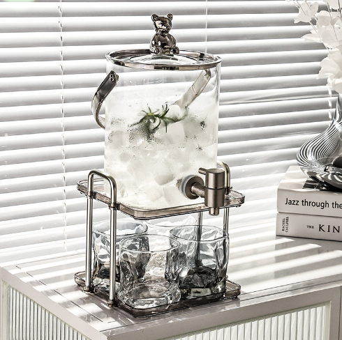 樂天精選~銀色小熊玻璃冷水壺帶水龍頭大容量水桶水杯套裝家用水果茶飲料桶