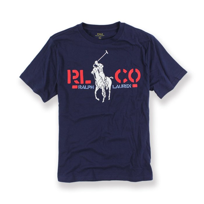 美國百分百【全新真品】Ralph Lauren T恤 RL 短袖 T-shirt Polo 大馬 印圖 深藍色XXS XS號 青年版 I102