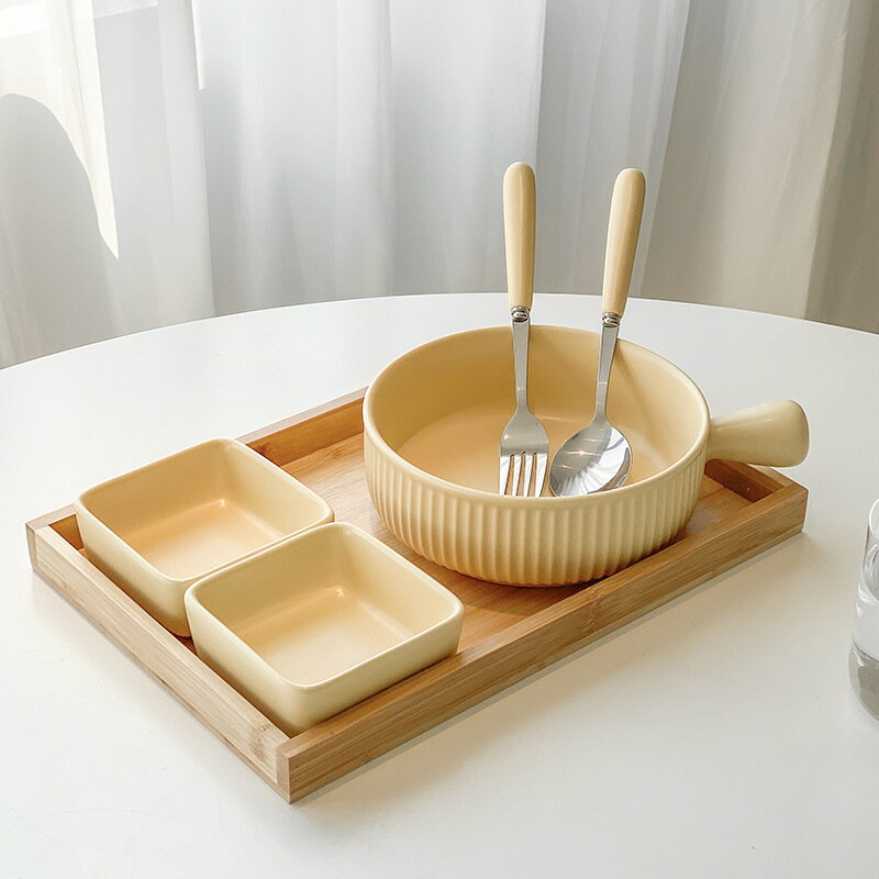北歐陶瓷啞光一人食餐具沙拉碗焗飯湯碗吃面碗碗碟套裝家用帶托盤