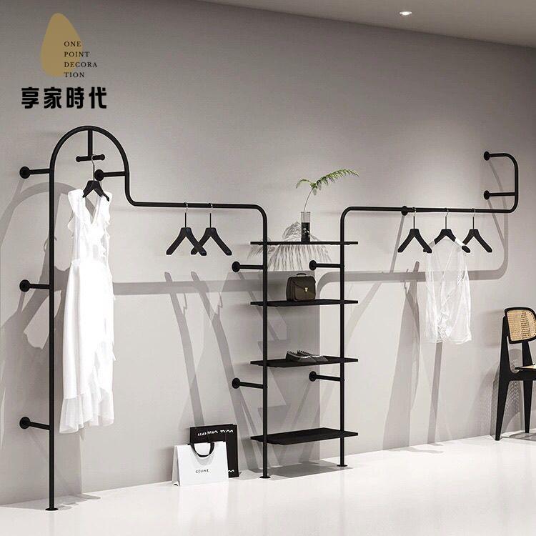 工廠直發 衣帽架 衣櫥 衣櫃 掛衣架 收納架 服裝店黑色上墻展示架簡約女裝壁掛式鐵藝側掛衣服陳列置物掛衣架 八折出售 特價出sys