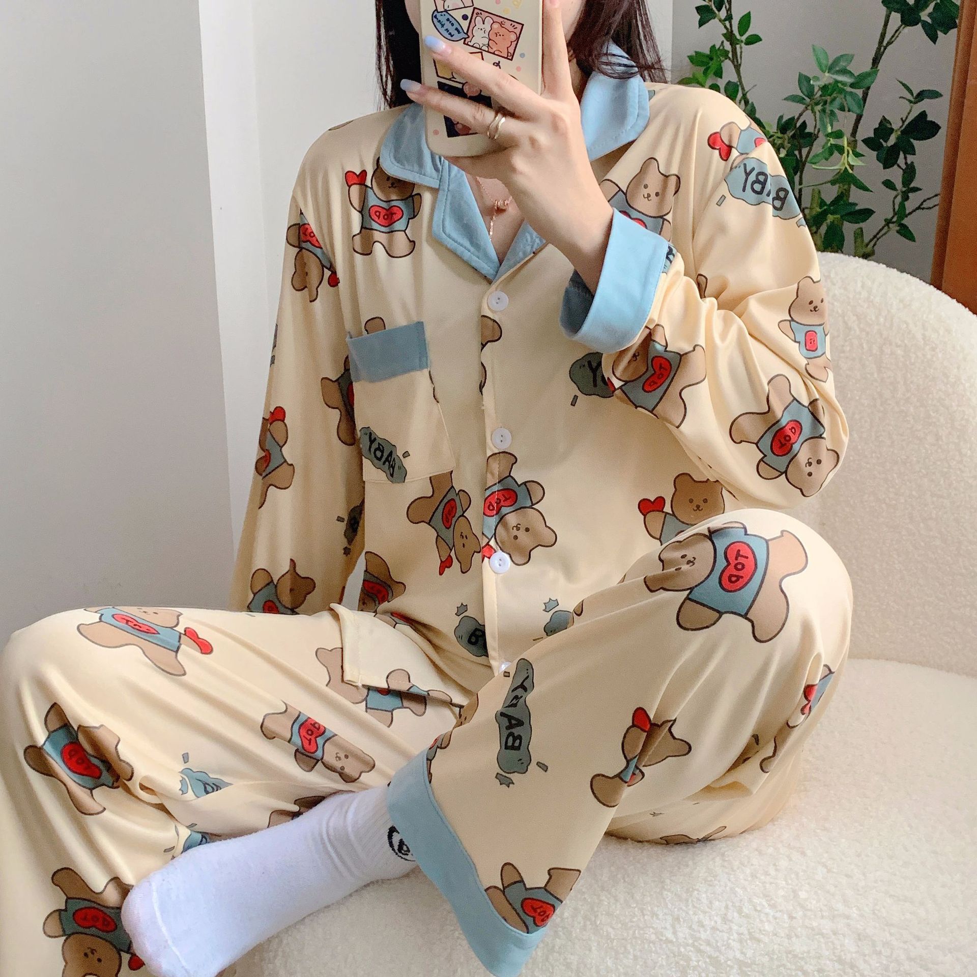 春秋季睡衣女韓版長袖長褲時尚網紅洋氣秋冬款學生簡約開衫家居服