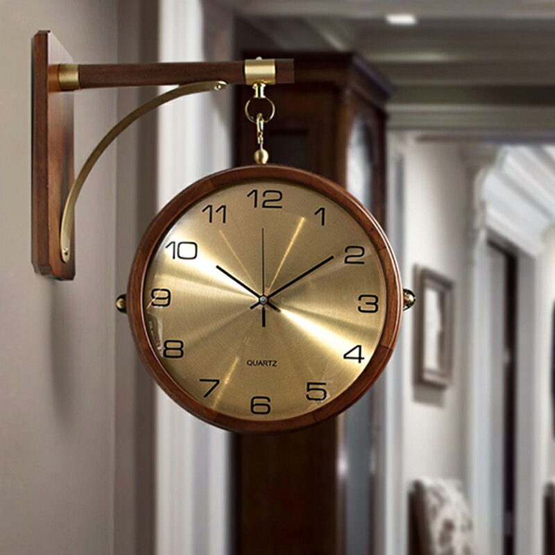 新中式雙面旋轉掛鐘實木輕奢風時鐘玄關時尚掛墻吊鐘客廳家用鐘表