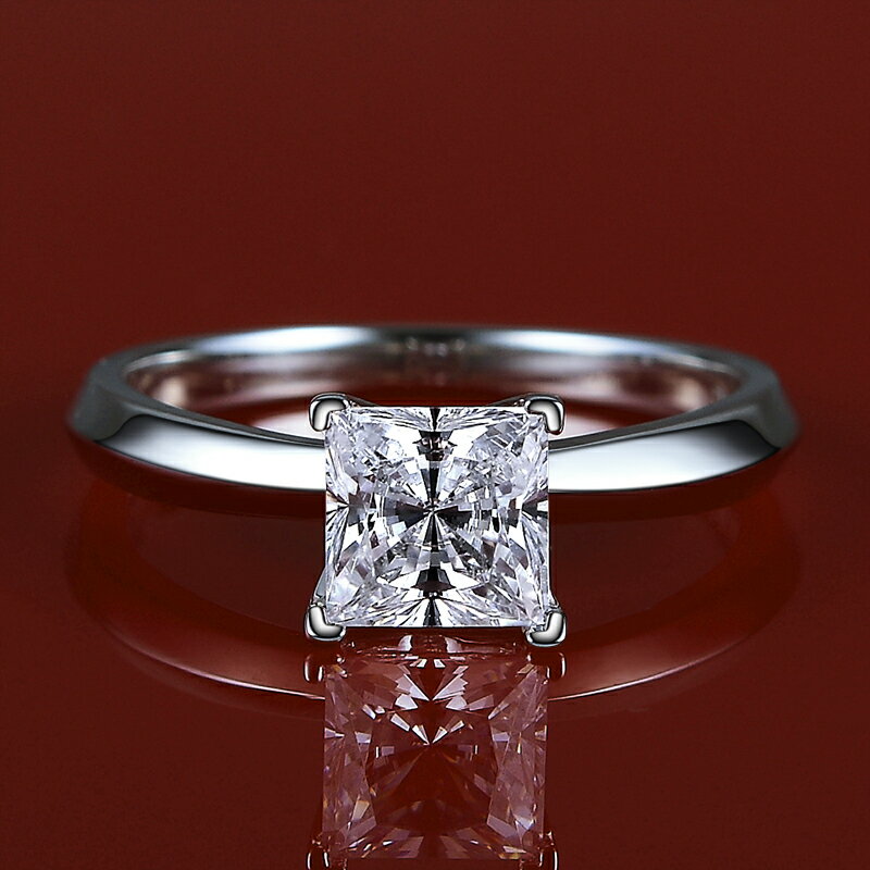 1克拉T款方鉆鑲嵌公主方形仿鉆戒簡單款現代求婚女純銀鍍金戒指女