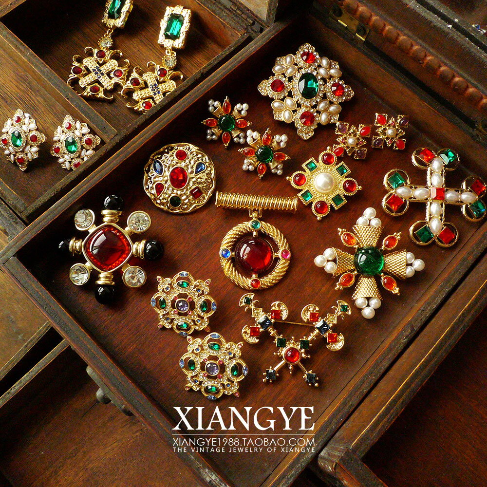 向葉 復古歐洲宮廷古董復刻彩寶胸針耳釘vintage舶來品珠寶首飾