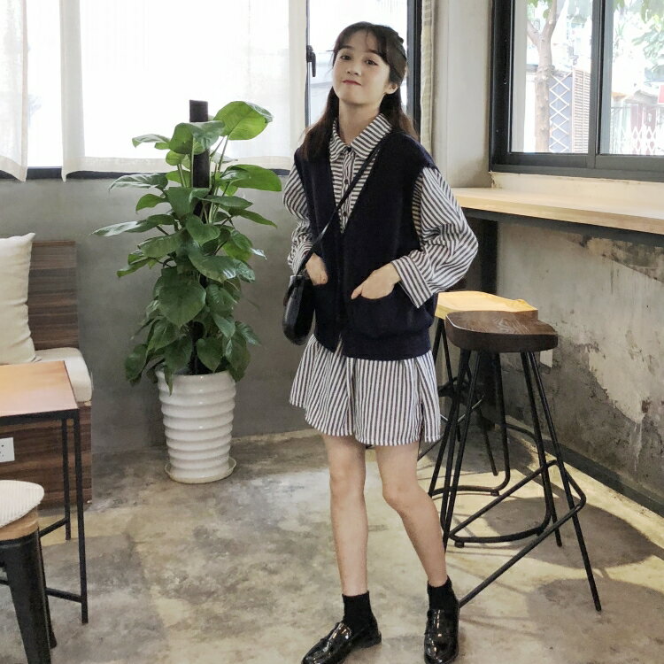 秋裝復古chic條紋拼接長袖襯衫裙女寬松中長款連衣裙休閑短裙1入