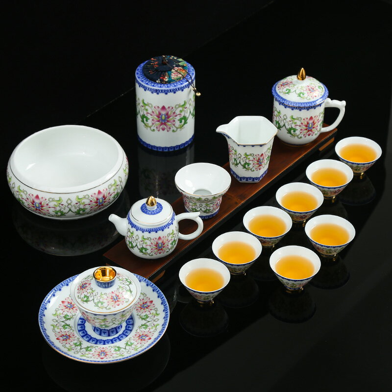 陶瓷功夫茶具套裝 家用泡茶整套蓋碗茶杯干泡盤送禮盒裝