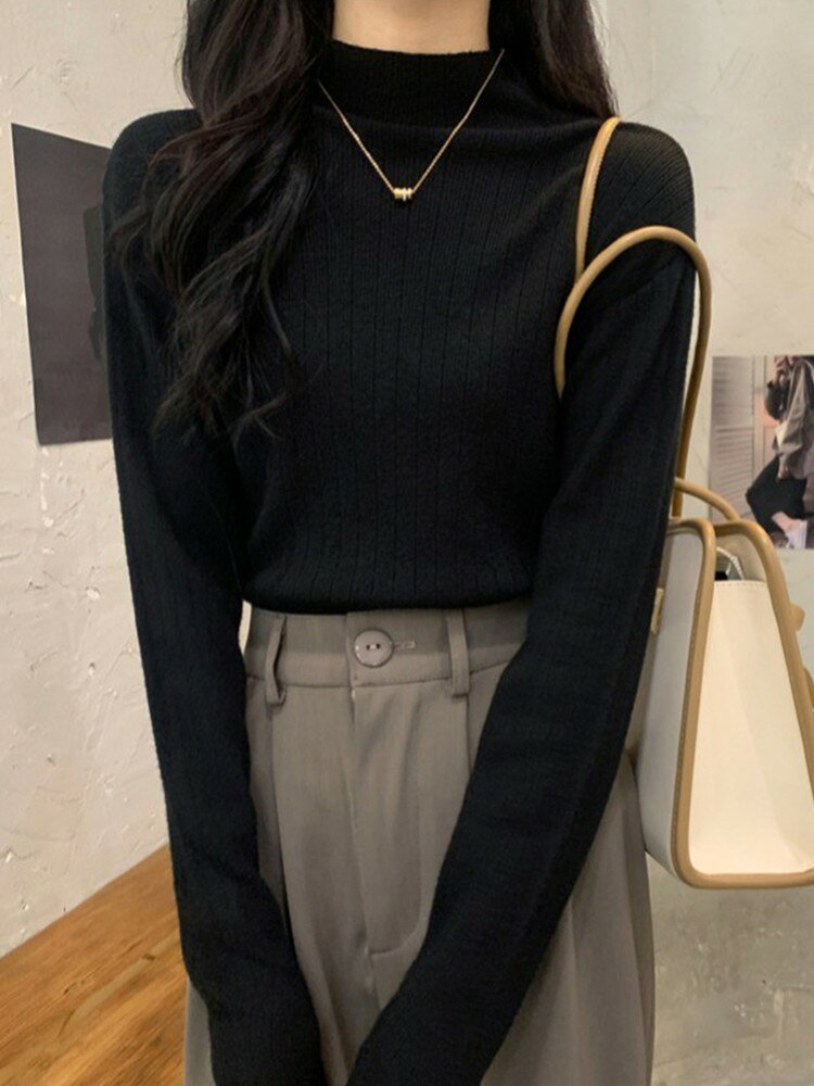 半高領加厚針織毛衣女秋冬2021年新款修身配大衣的內搭黑色打底衫