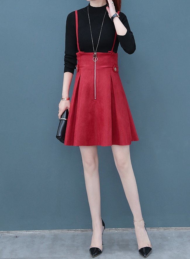 FINDSENSE品牌 秋季 新款 韓國 優雅 氣質 純色小高領針織上衣+背帶吊帶高腰裙 兩件套 時尚 潮流套裝