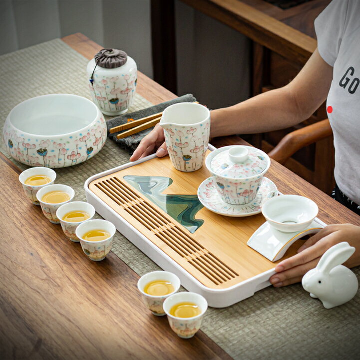 清新茶具套裝陶瓷簡約泡茶壺茶杯功夫茶具整套干泡茶盤家用