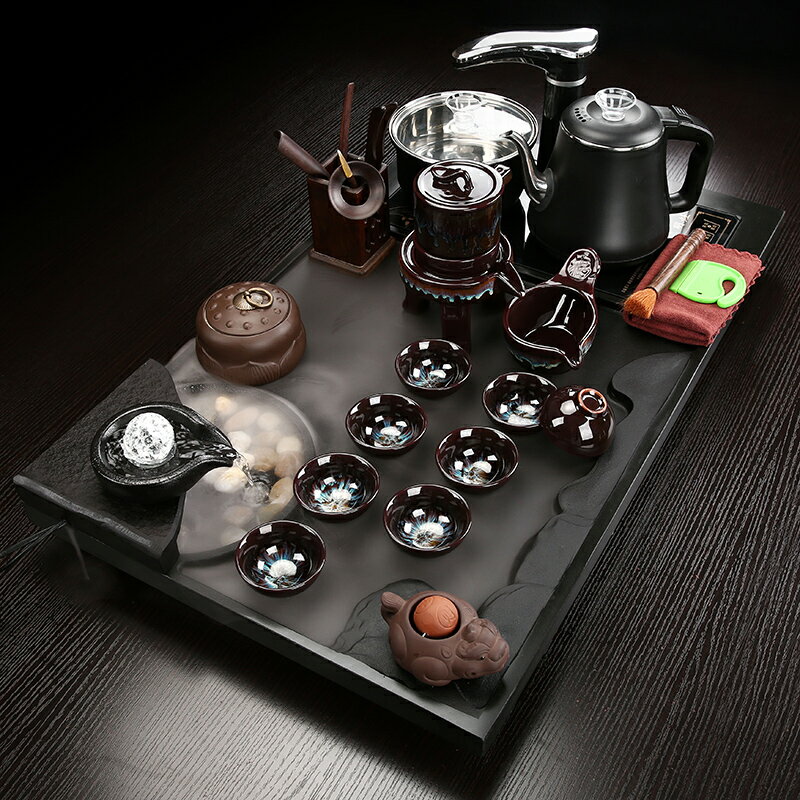 磊白烏金石流水茶盤家用辦公簡約紫砂陶瓷茶具茶臺套裝防燙電茶爐