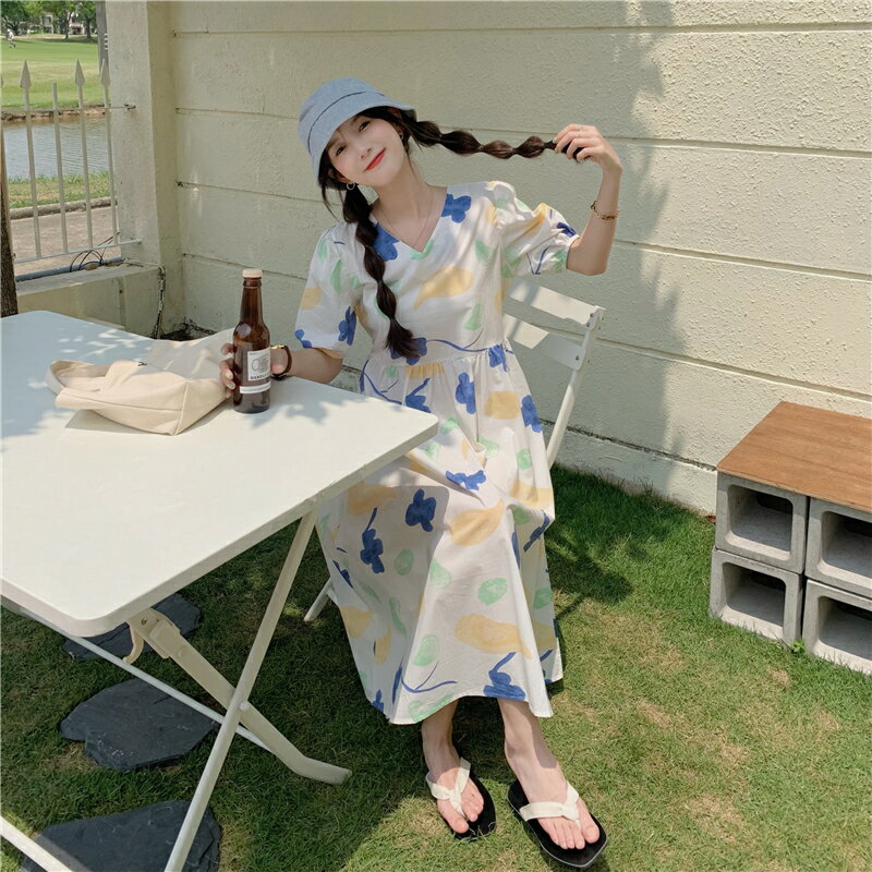 甜美花朵v領短袖連衣裙女夏季年新款韓版高腰顯瘦中長款裙子