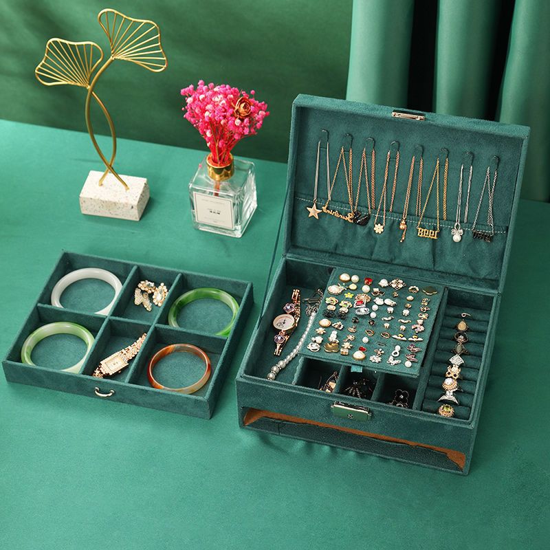 楓林宜居 首飾盒家用絨布雙層帶鎖飾品盒耳釘耳環盒手飾品收納盒簡約大容量