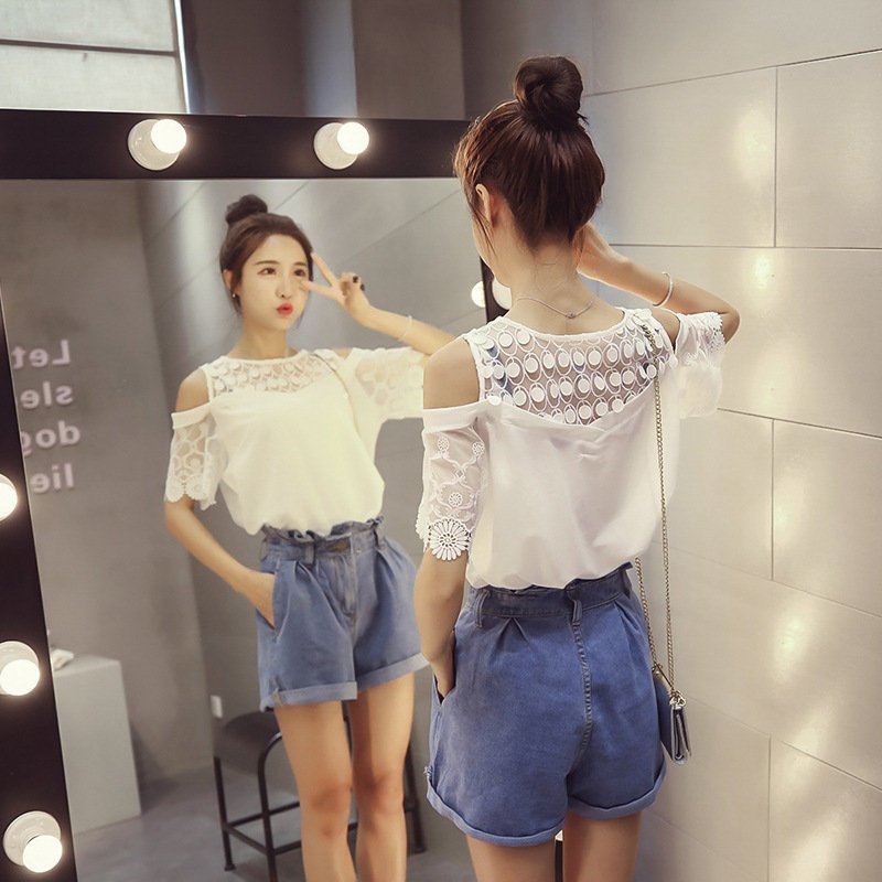 FINDSENSE G5 韓國時尚 夏季 露肩 網紗 鏤空 短袖 T恤 百搭 上衣