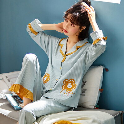 女士長袖睡衣純棉兩件套時尚舒適家居服套裝【聚物優品】