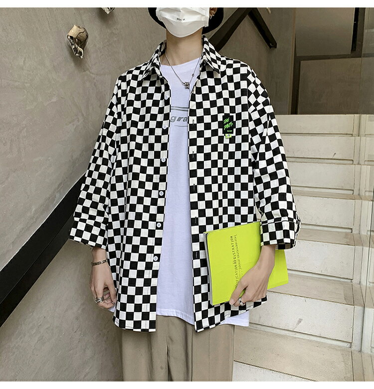 FINDSENSE X 男生日系原宿格子短袖襯衫男港風寬鬆半袖上衣