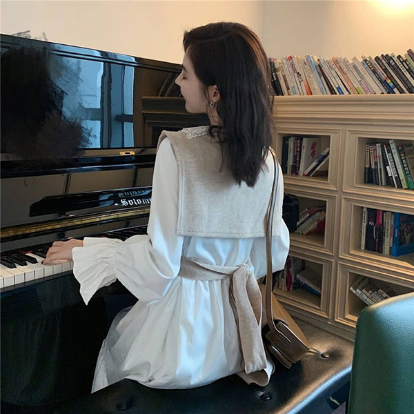 兩件式 蕾絲 翻領 洋裝 連身裙 連衣裙 長裙 長洋裝 襯衫 喇叭袖 荷葉 氣質 婚宴 婚禮 過年 新年 韓國 ANNA S.599 5