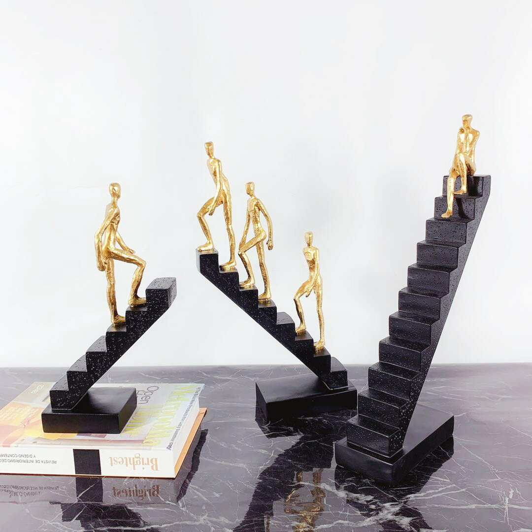 簡約現代黑金階梯人物雕塑創意樓梯擺件 樣板間客廳軟裝飾品