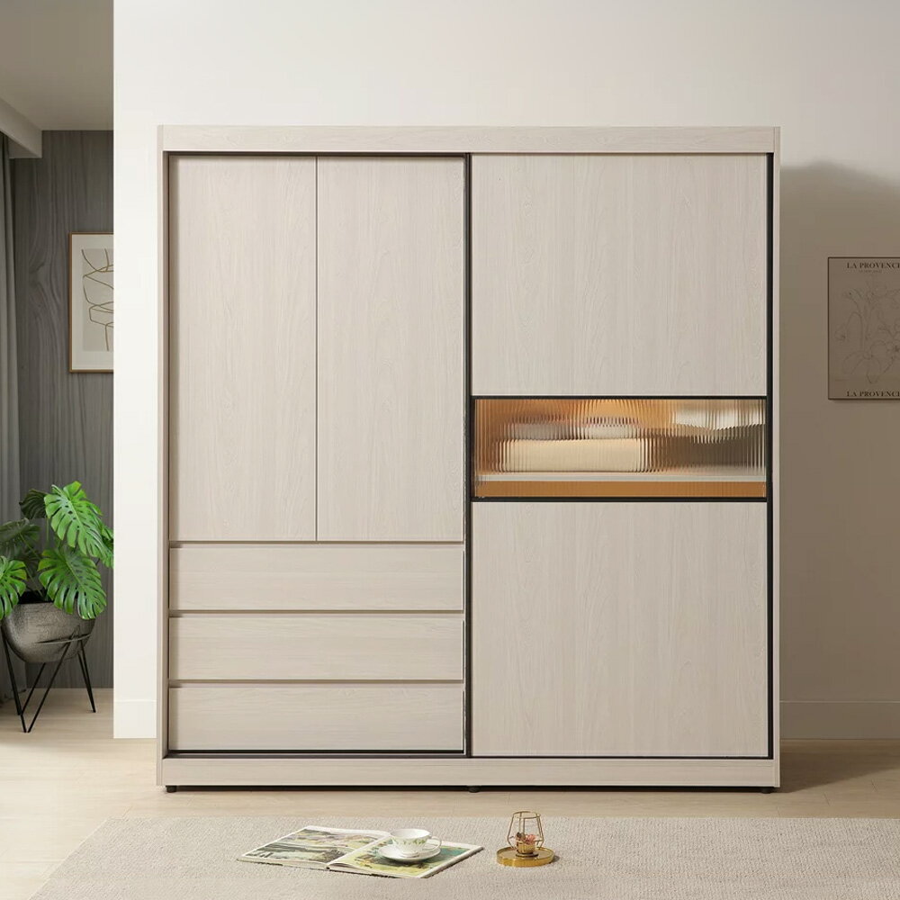 【直人木業】ROLA極簡風白榆木182CM長虹玻璃標準滑門衣櫃｜APP結帳再賺4%點數 1