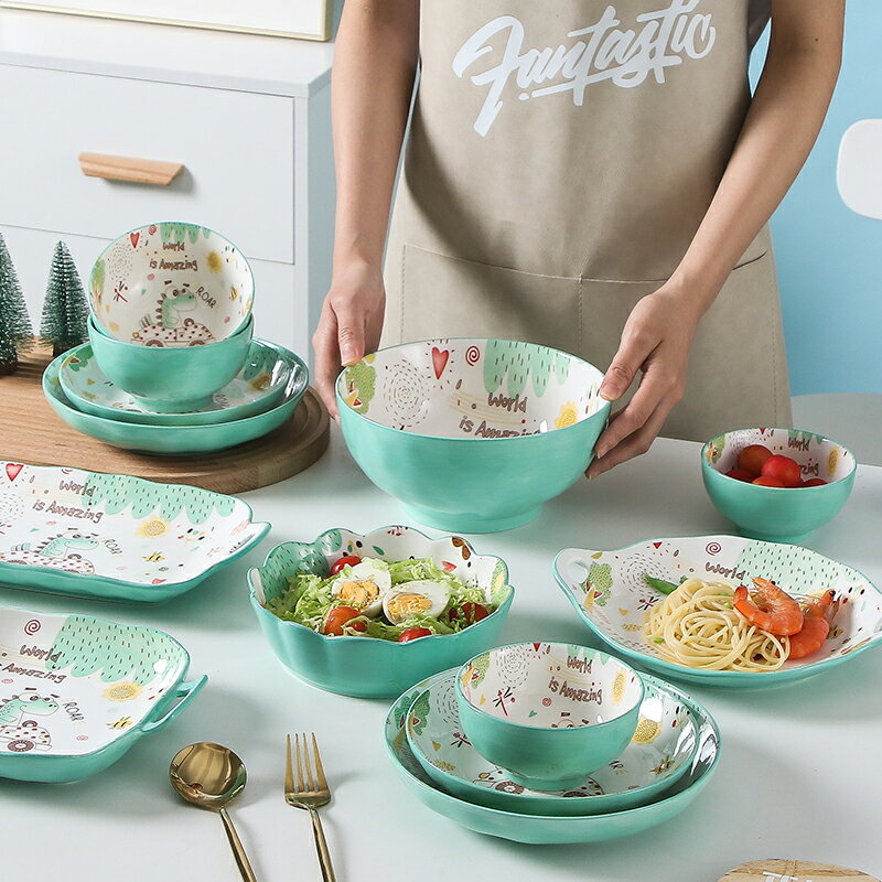 卡通恐龍陶瓷盤家用菜盤子魚盤創意方盤雙耳烤盤可愛碗碟網紅餐具