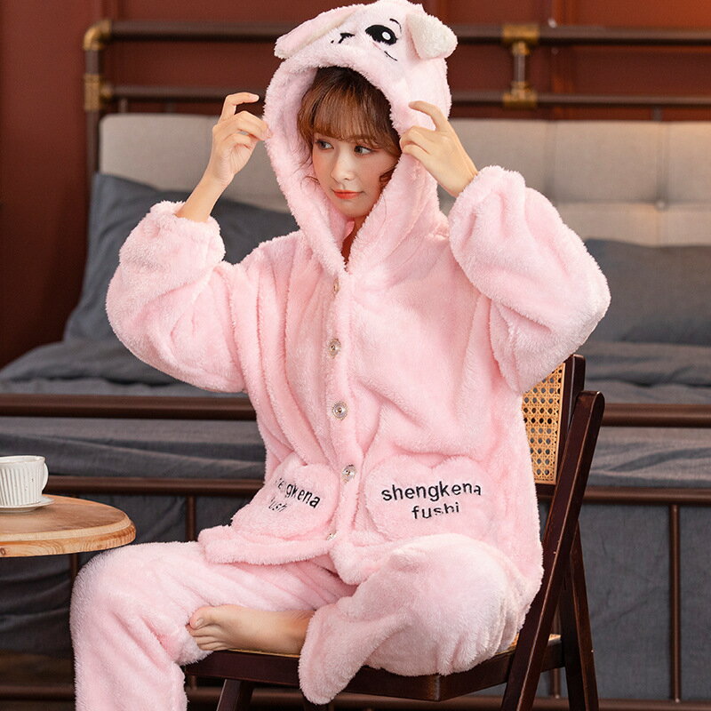 長毛絨連帽睡衣女秋冬加厚開衫可愛少女甜美加絨保暖家居服兩件套