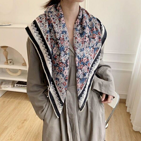絲巾碎花90cm包邊棉麻大方巾圍巾女百搭披肩夏季薄款裝飾防曬紗巾【倪醬小鋪】
