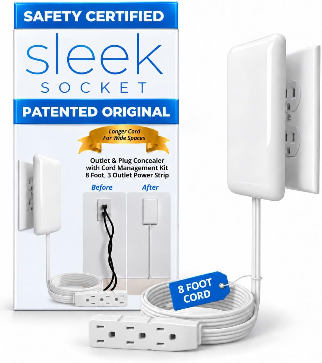 [6美國直購] Sleek Socket 平頭插座蓋式延長線 3插 2.4M線長 UL認證 Original & Patented Flat Ultra-Thin Outlet Concealer