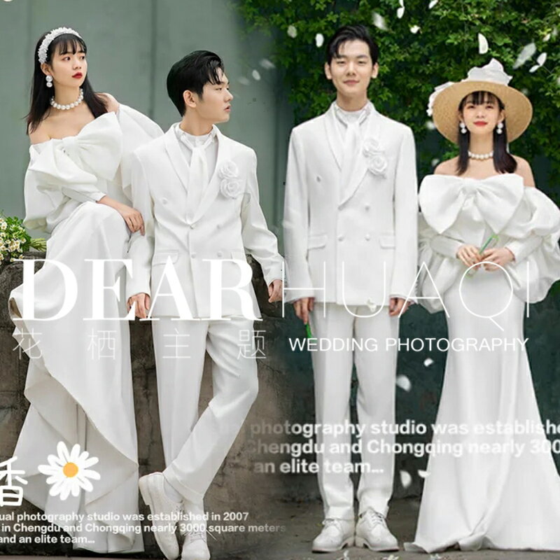 影樓21新款韓版婚紗主題攝影服裝緞面魚尾禮服泡泡袖外景旅拍白紗