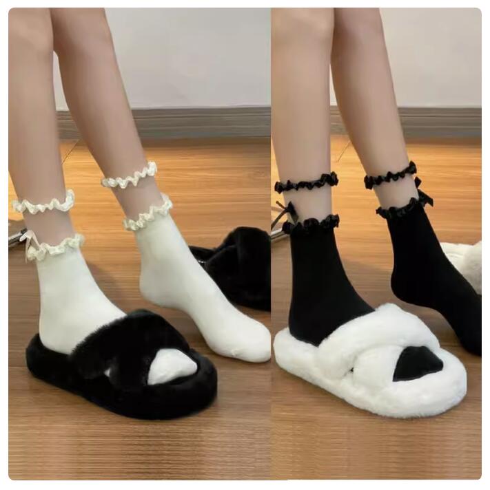 黑白色花邊襪子女蝴蝶結中筒襪薄款配小皮鞋jk襪洛麗塔【繁星小鎮】